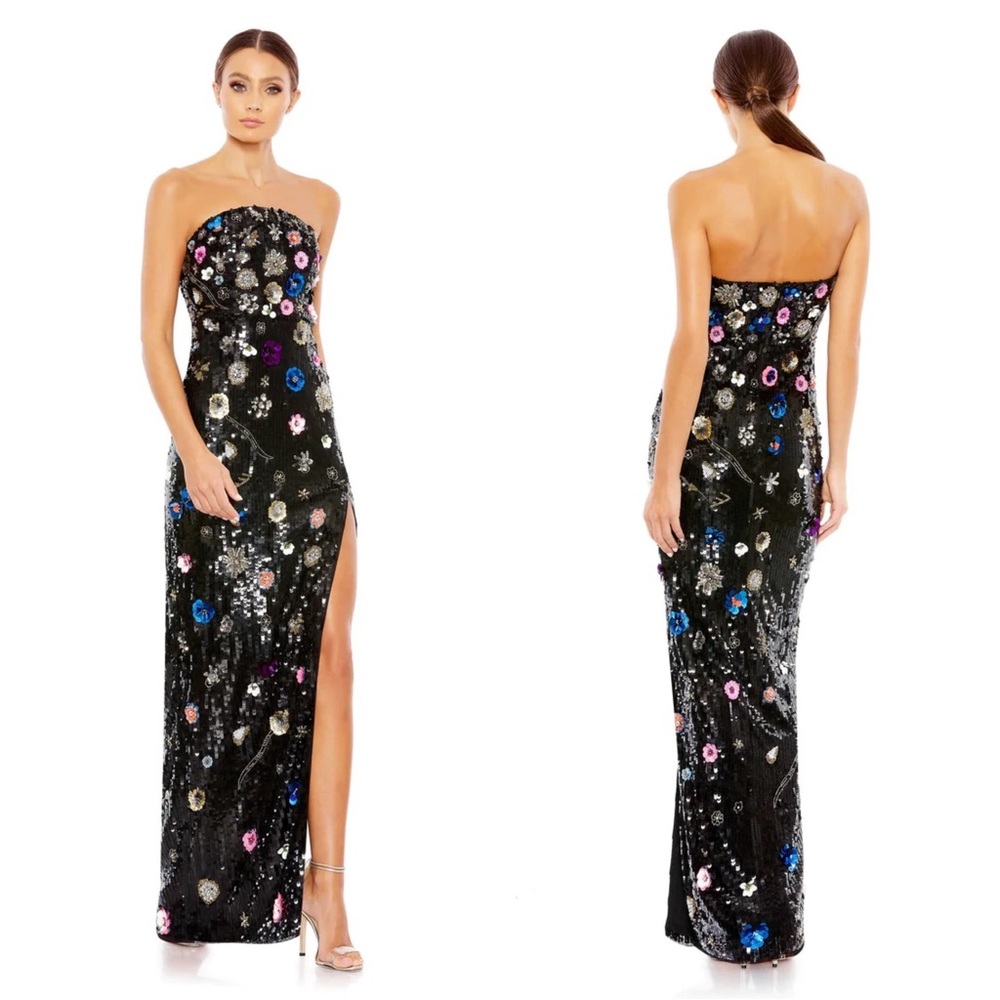 Mac Duggal 93695 Floral Sequined Strapless Column Gown Size NWT Black Multi